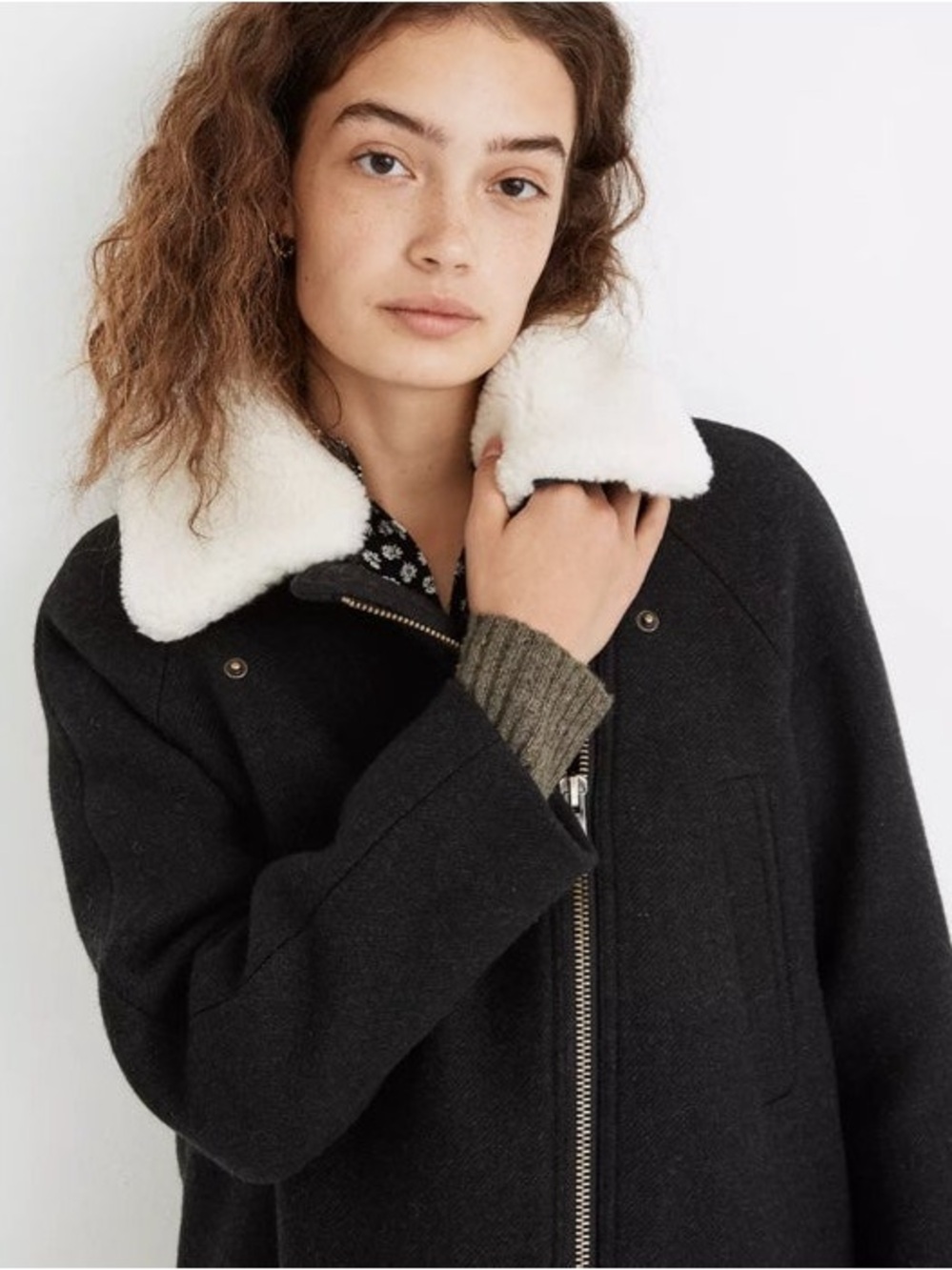 Madewell Black Wool Cashmere Long Coat Relaxed-Fit XS Removable Shearling Colla